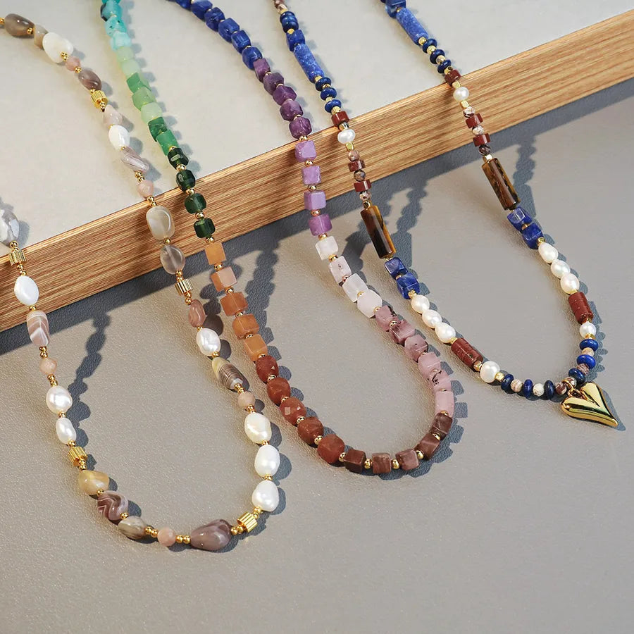 Vacation Geometric Color Block Heart Shape natural stone Freshwater Pearl Copper Pendant Necklace In Bulk
