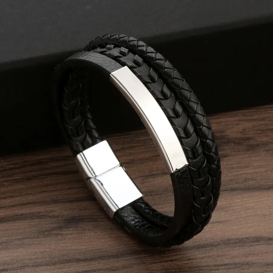 classical luxurious color block stainless steel pu leather alloy braid men's bangle