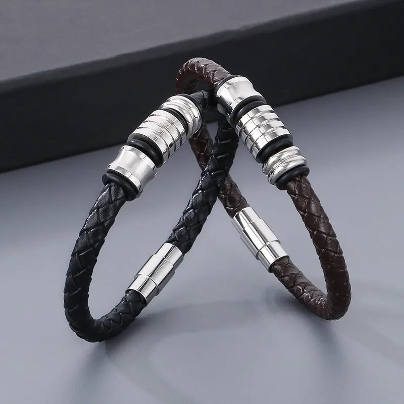 simple style geometric leather titanium steel men's bangle