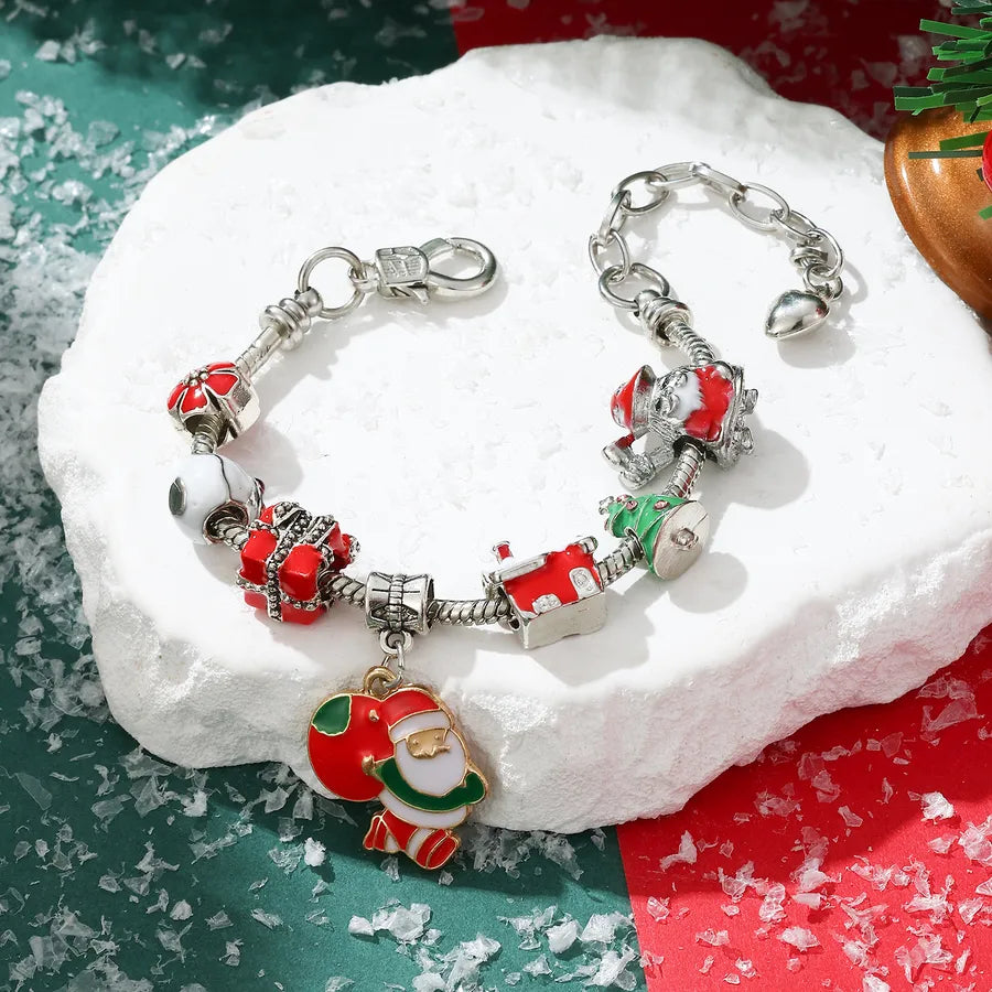 Hot-Selling Christmas Gift DIY Beaded Large Hole Beads Red Heart Snowman Apple Bell Children's Bracelet for Girls
