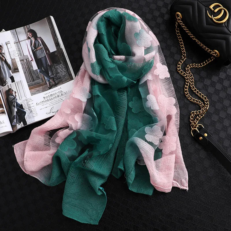 Women's Elegant Flower Polyester Silk Scarf