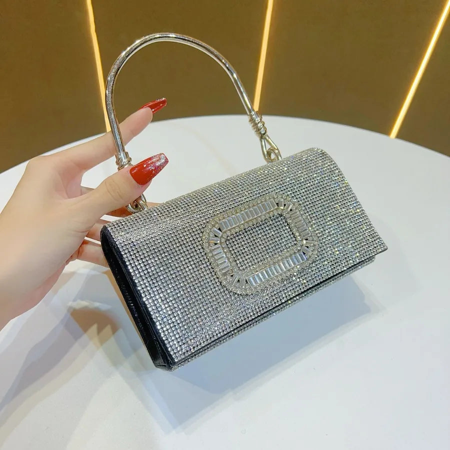 Fashionable Luxury Clutch Bag Diamond Embellished Evening Bag Wedding Reception Lady's Handbag Square Polyester Shoulder Bag