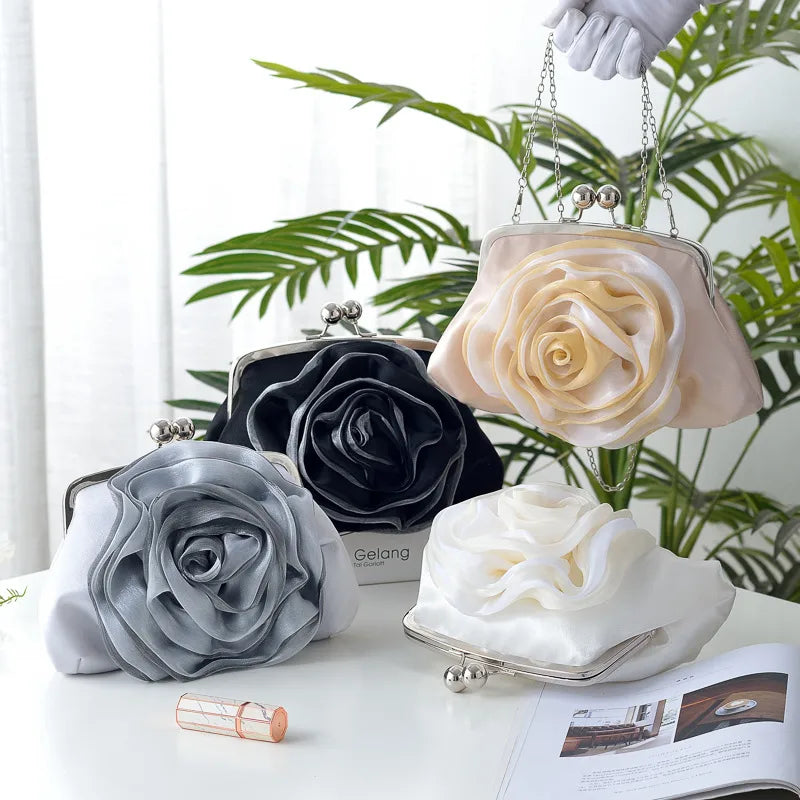 New Fresh Rose Flower Banquet Bag Satchel Crossbody Qipao Bag New Year Handbag Square Silk Surface Chain Bag Sweet Style