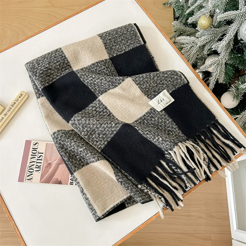 Women's Sweet Plaid Imitation cashmere Tassel Scarf