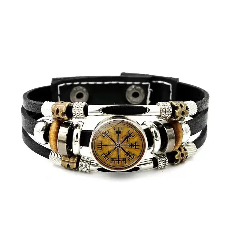 New Alloy Beads Woven Bracelet Nordic Viking Pirate Aoding Logo Compass Leather Bracelet for Men and Women