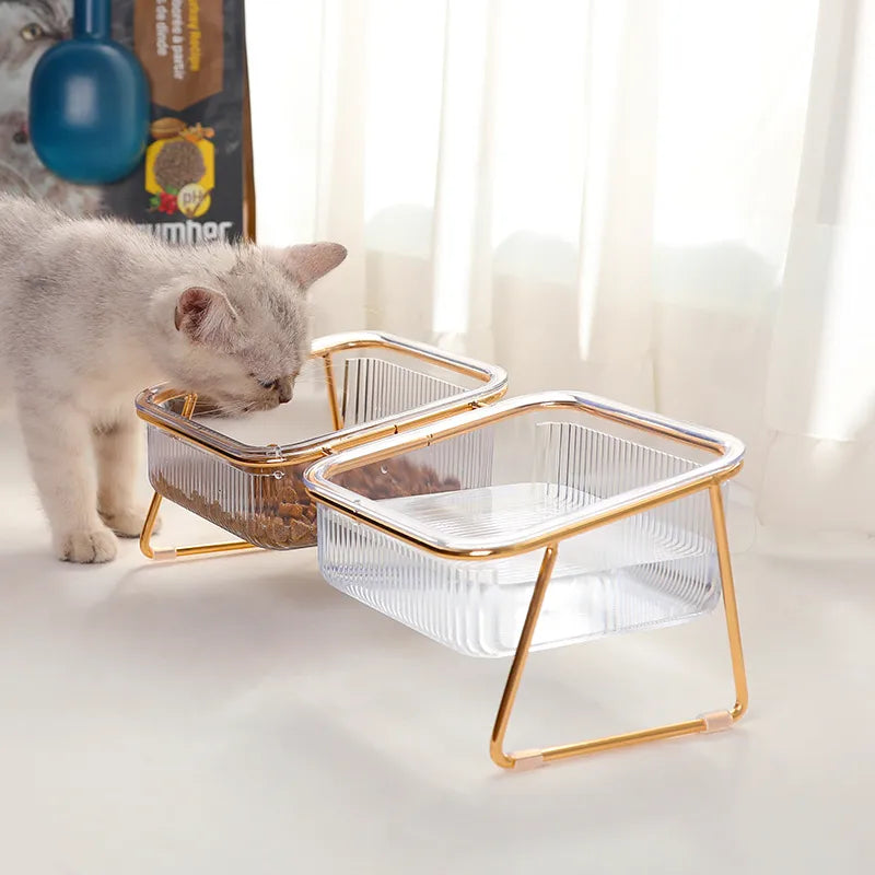 Transparent High-stand Cat Bowl Slanted Mouth Neck Protection Water Drinking Cat Food Bowl Dog Pet Easy-to-clean Iron Art Double
