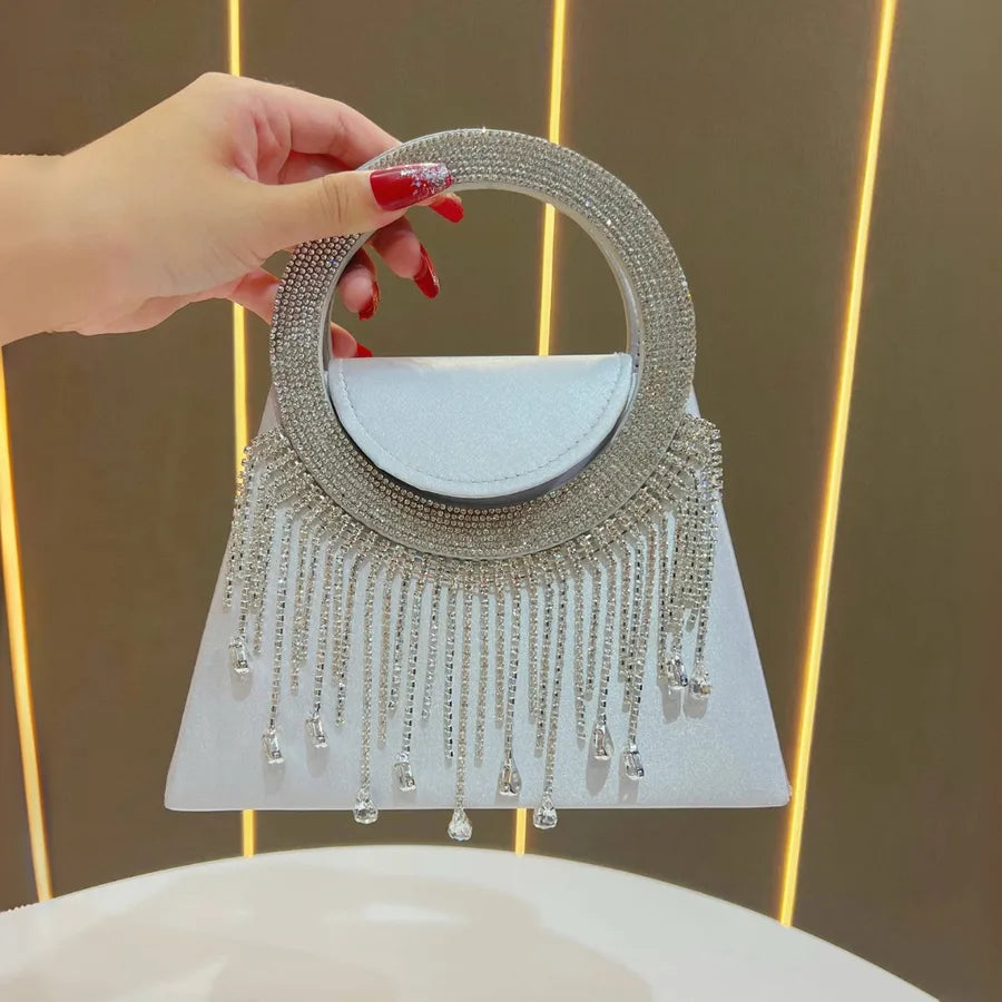 Elegant Diamond Embedded Women's Evening Bag Fashionable Crossbody Handbag High-End Sensation Bride Handbag Square Shape Polyester Material