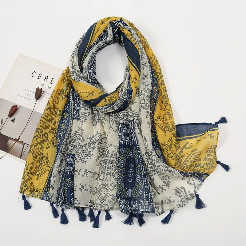 women's sweet flower cotton and linen tassel silk scarves