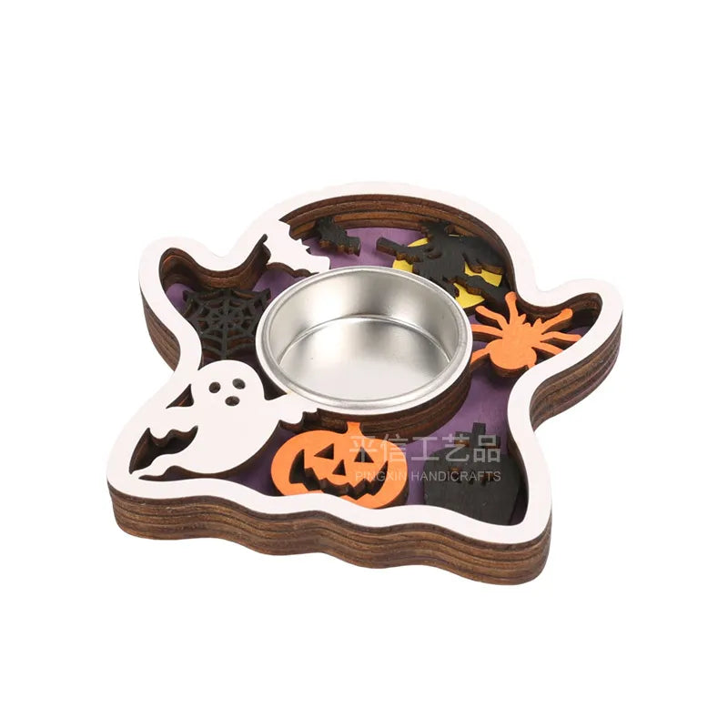 Halloween Wooden Candlestick Base Creative Decoration Thanksgiving Atmosphere Wooden Candlestick Holiday Dining-Table Decoration