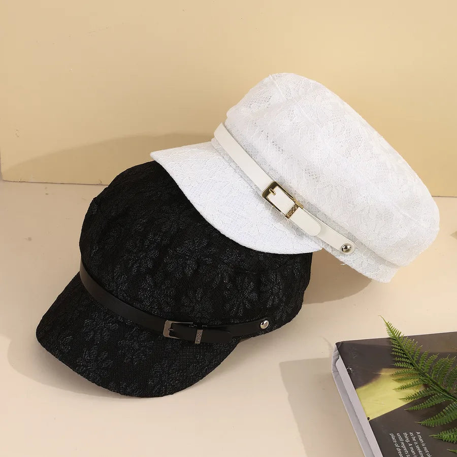 Black White Decorative Thin Mesh Breathable Flower Large Version Face Slimming Fashionable All-Match Flat-Crown Newsboy Cap Practical For Daily Shopping