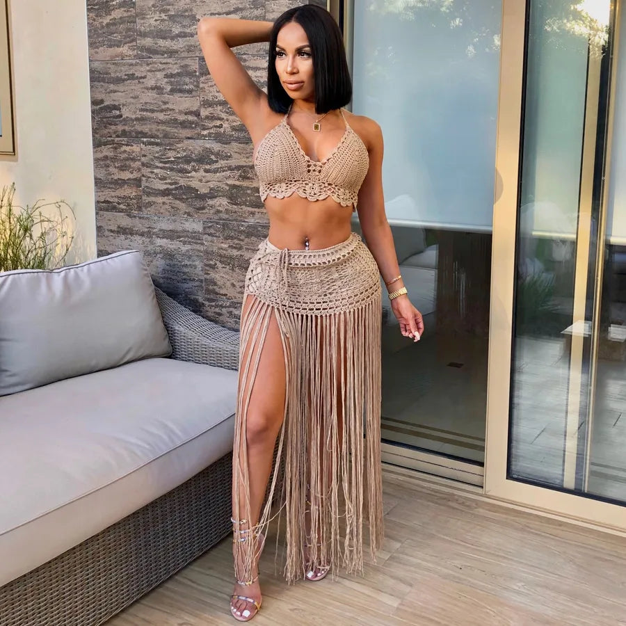 Daily Beach Women's Sexy Solid Color Polyacrylonitrile Fiber Hollow Out Skirt Sets Skirt Sets