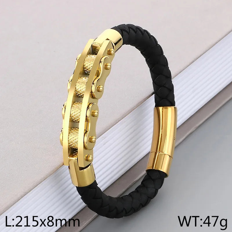 Business Formal Geometric 304 Stainless Steel Leather 18K Gold Plated Men's Bangle