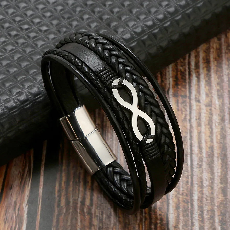 retro number leather titanium steel braid men's bangle