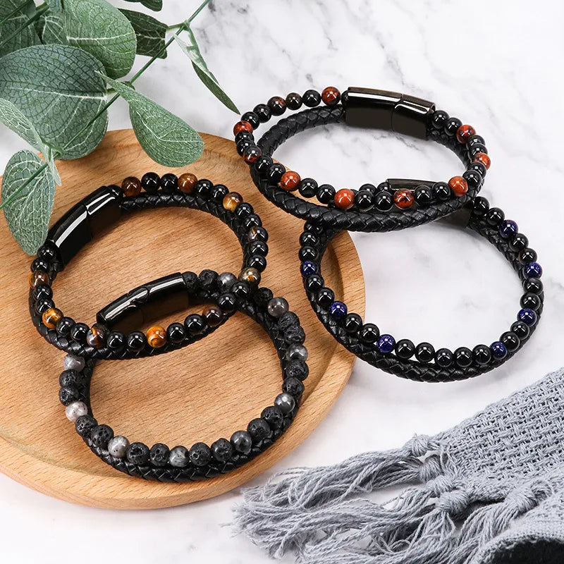 1 piece ethnic style twist alloy natural stone volcanic rock men's bracelets
