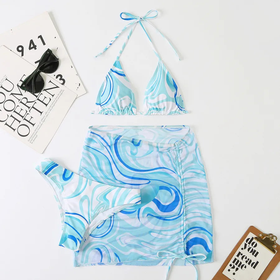 Women's Vacation Waves 3 Pieces Set Bikinis Swimwear