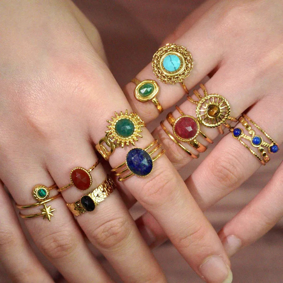 Retro French Style Geometric Titanium Steel Natural Stone Open Rings In Bulk