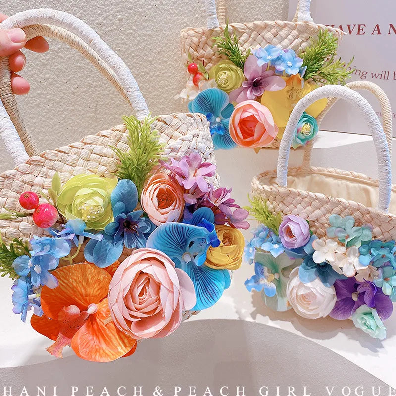 Hd6250A15 Secret Garden! Phalaenopsis Flower Woven Vegetable Basket Handbag Seaside Vacation Beach Bag