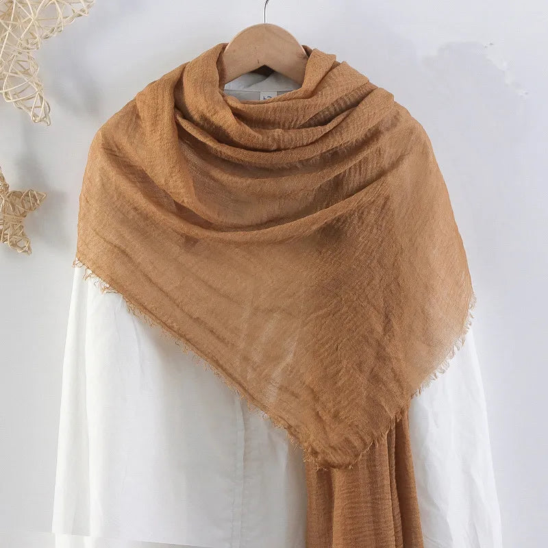 Hot selling solid color pleated cotton and linen scarf  women's bag headscarf crumpled hair fringe bubble scarf women's scarf cover head
