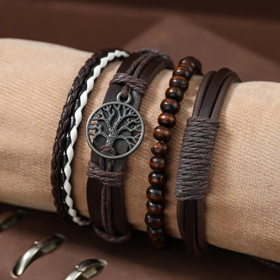 4 piece set fashion beaded pu leather handmade men's bracelets
