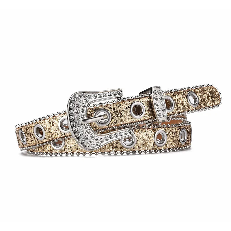 IG Style Shiny Solid Color Pu Leather Alloy Sequins Inlay Rhinestones Women's Leather Belts