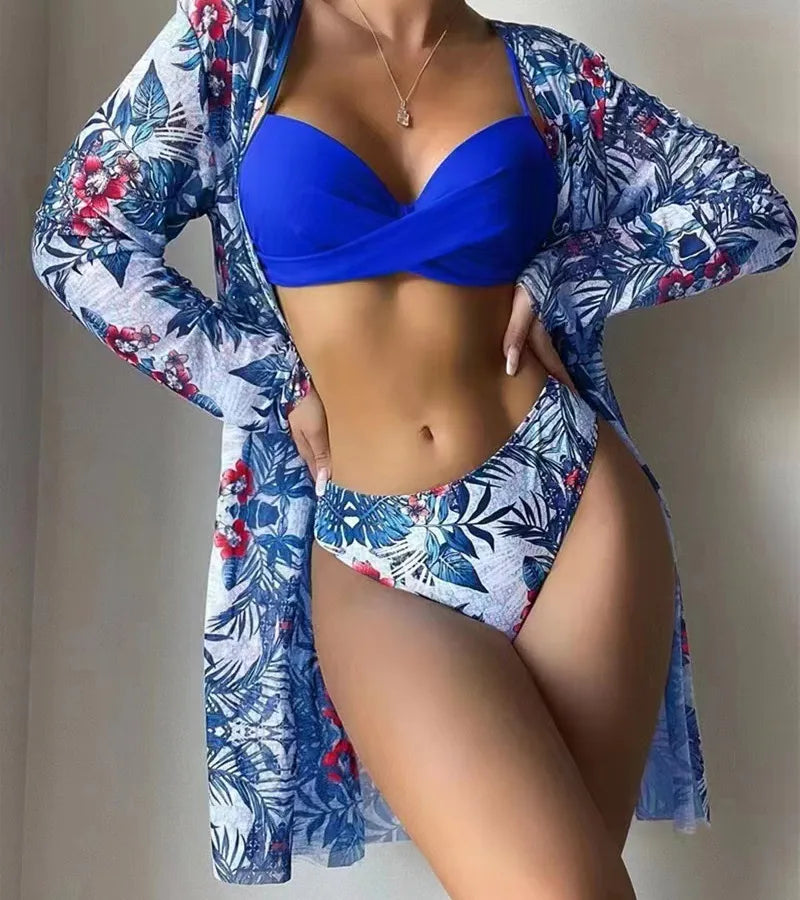 Women's Vacation Printing Solid Color 3 Pieces Set Bikinis Swimwear