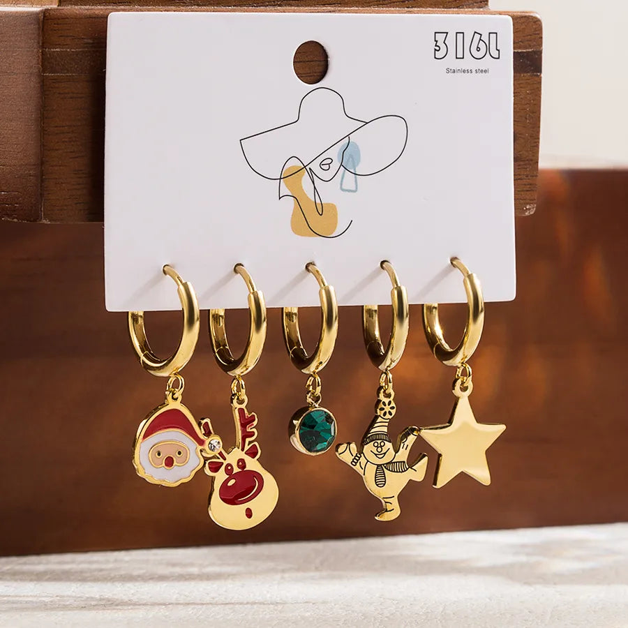 1 Set Christmas Cute Romantic Santa Claus Cattle Snowman Enamel Plating Inlay Stainless Steel Zircon Drop Earrings