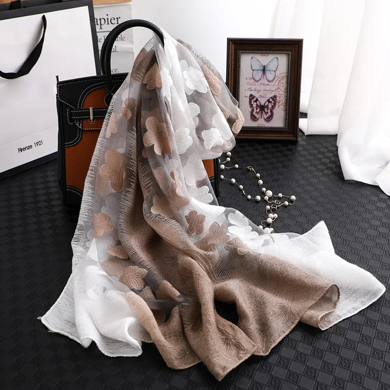 Women's Elegant Flower Polyester Silk Scarf