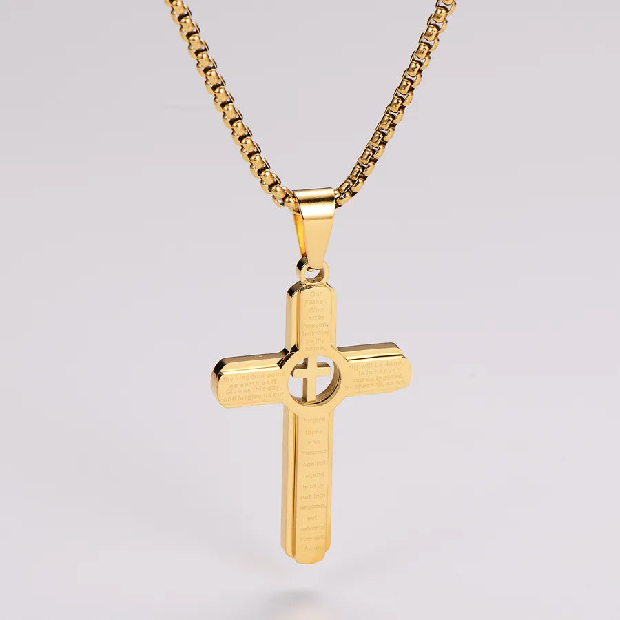 Wholesale Jewelry Retro Vacation Cross 304 Stainless Steel Square Pearl Chain Pendant Necklace