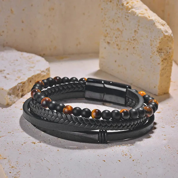 Gothic Cool Style Geometric 304 Stainless Steel Pu Tiger Eye Wholesale Bracelets