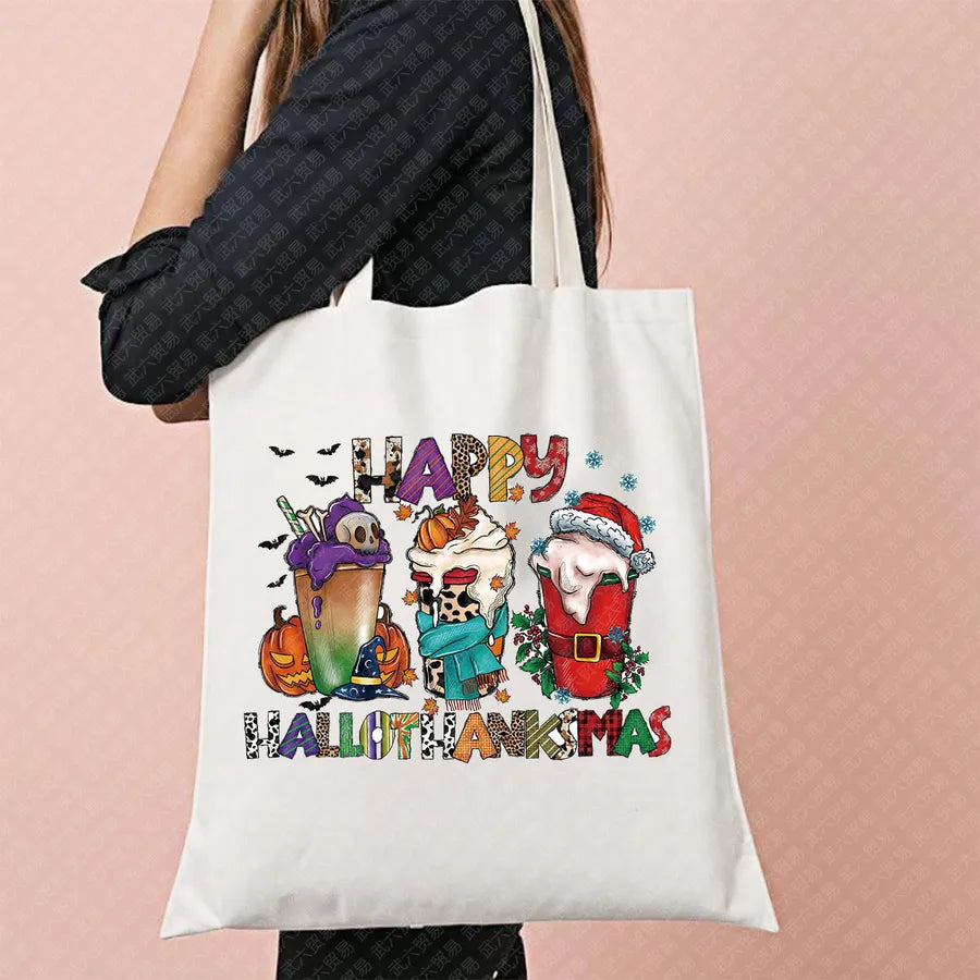 Ghost Pattern Halloween Outdoor Shopping Bag Cute Ghost Design Canvas Tote Bag For Ladies Retro Fashion Printed Large Size