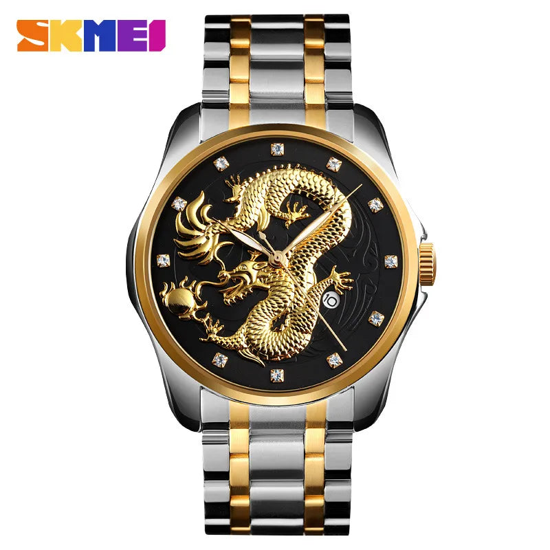SKMEI fashion Chinese style dragon totem relief stainless steel strap men's business calendar watch men