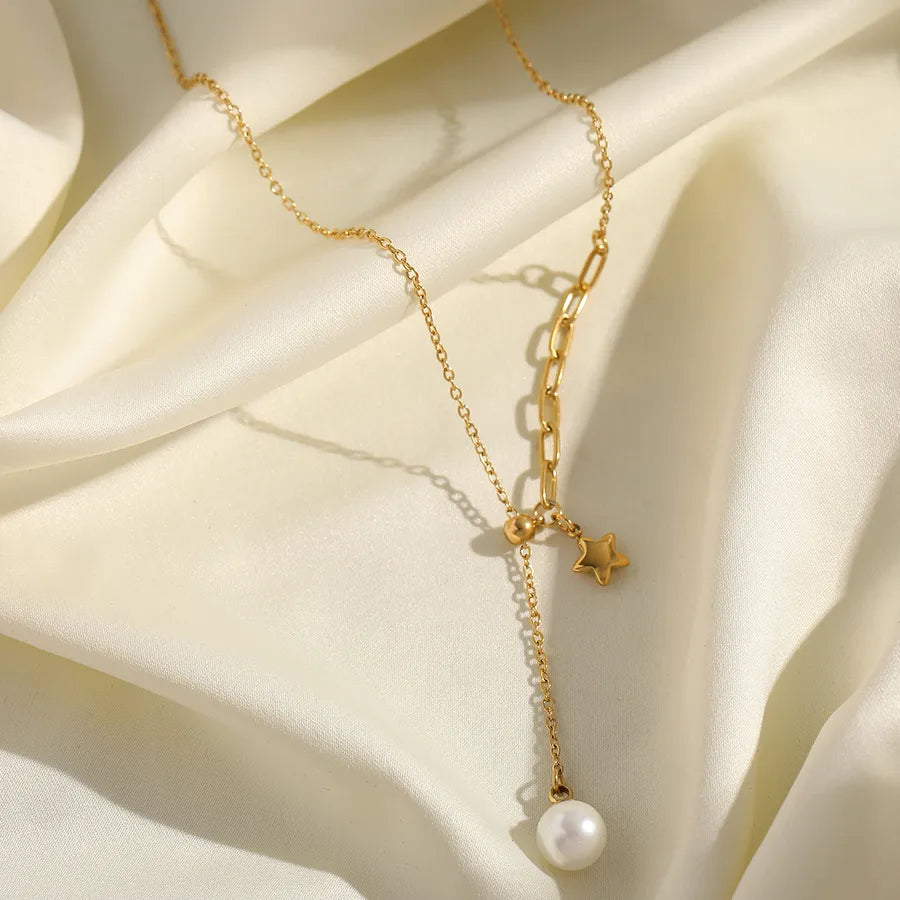 Wholesale Jewelry Elegant Cute Romantic Pentagram Geometric 304 Stainless Steel Imitation Pearl 18K Gold Plated Plating Inlay Paperclip Chain cable chain Multi Charms Necklace
