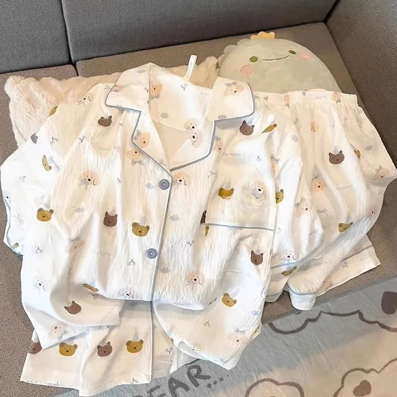 Pajamas Women's Summer Clouds Cotton  New Sweet Cute Cardigan Casual Short Sleeve Shorts Home Clothes suit