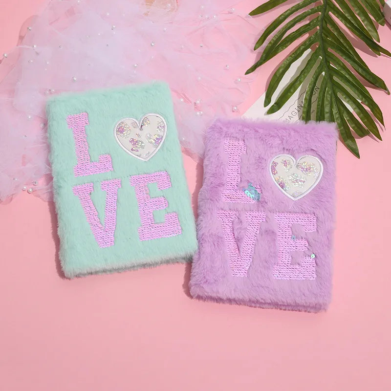 New Simple Shiny Plush Notebook Children's Colorful Notes Scrapbooking Book Cartoon Plush Student Memo Notebook Light Blue Pink Purple