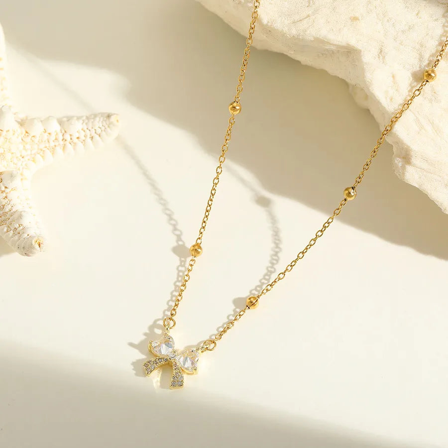 Wholesale Jewelry Cute Lady Romantic Solid Color Bow Knot 304 Stainless Steel Zircon 18K Gold Plated Plating Inlay cable chain Pendant Necklace