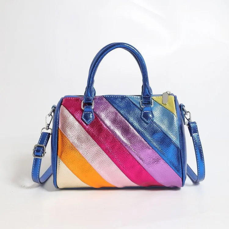 Women's Pu Leather Color Block Stripe Streetwear Square Zipper Handbag