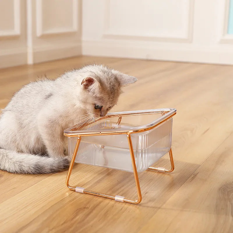 Transparent High-stand Cat Bowl Slanted Mouth Neck Protection Water Drinking Cat Food Bowl Dog Pet Easy-to-clean Iron Art Double
