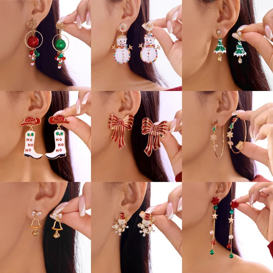 Christmas Red Green Snowman Bell Colorful Tassel Earrings Women Creative Simple Alloy Cartoon Character Ear Jewelry Accessories