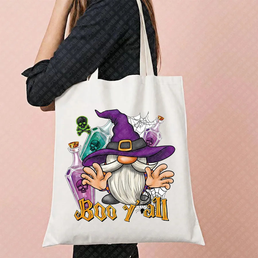 Ghost Pattern Halloween Outdoor Shopping Bag Cute Ghost Design Canvas Tote Bag For Ladies Retro Fashion Printed Large Size
