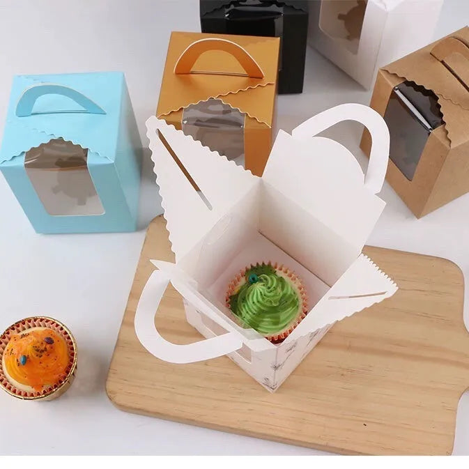 Individual Mini Dessert Paper Cupcake Muffin French Mousse Packaging Box Handheld Window Design for Baking Supplies