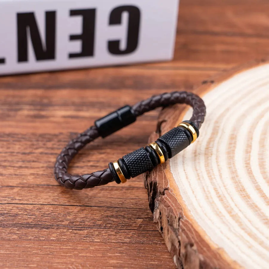 Casual Retro Simple Style Geometric Pu Leather Metal Men's wristband