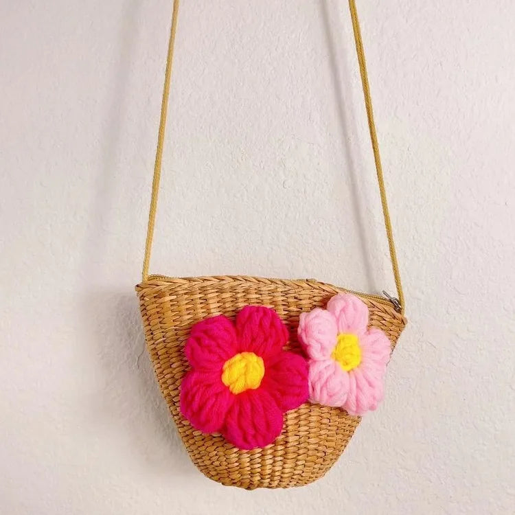 Kid'S Straw Color Block Flower Cute Bucket Zipper Shoulder Bag
