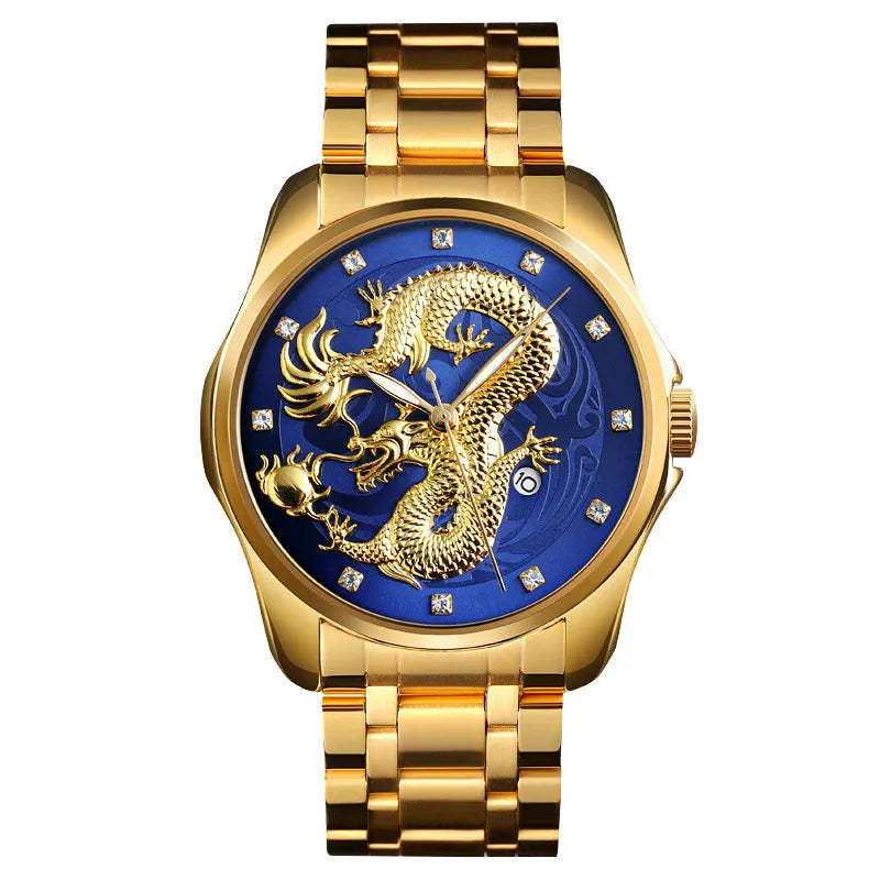 SKMEI fashion Chinese style dragon totem relief stainless steel strap men's business calendar watch men