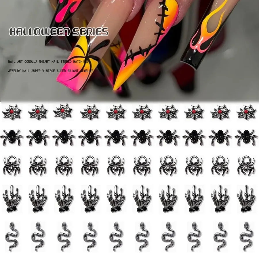 Halloween Manicure Spider Web Alloy Ornament Retro Dark Wind Spider Skull Hand Manicure DIY Accessories Wholesale
