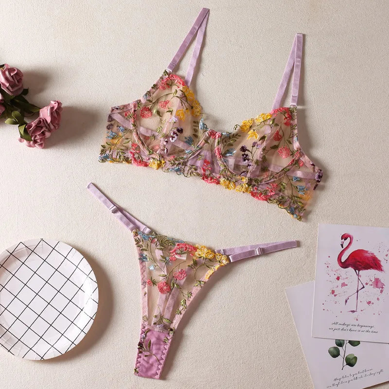 women's sexy flower sexy lingerie sets party embroidery underwire bra low waist thong sexy lingerie