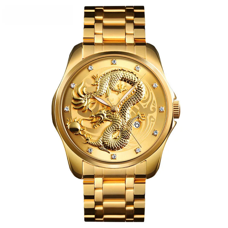 SKMEI fashion Chinese style dragon totem relief stainless steel strap men's business calendar watch men