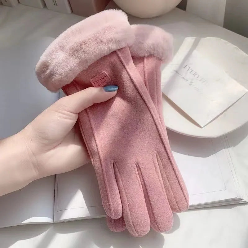 Gloves Women's Winter Velvet Thickened Warm  Cute Touch Screen De Velvet Fall/Winter Electric Car Cold-proof Riding Gloves