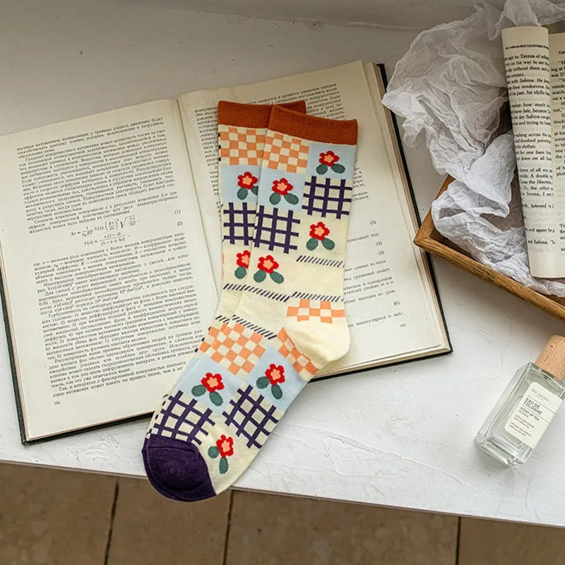 women's preppy style plaid cotton crew socks a pair 1 set