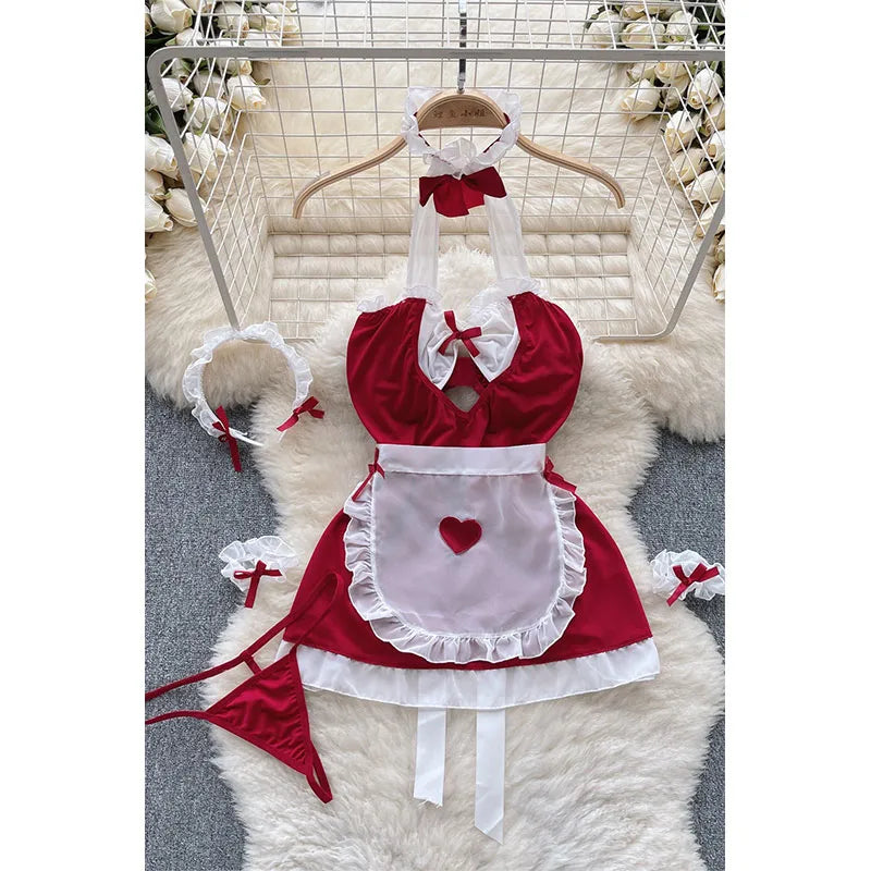 Women's Christmas Sexy Heart Shape Bow Knot Sexy Lingerie Sets Party Hanging Neck Type Low Waist Thong Sexy Lingerie