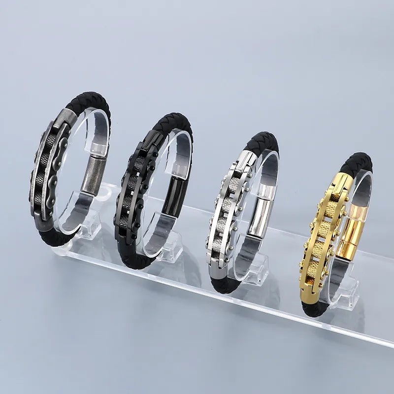 Business Formal Geometric 304 Stainless Steel Leather 18K Gold Plated Men's Bangle